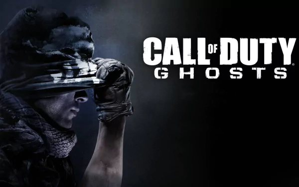 HD desktop wallpaper featuring Call of Duty: Ghosts. It shows a soldier adjusting his helmet with the game logo prominently displayed on a dark background.