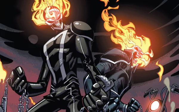 HD wallpaper featuring Robbie Reyes from the All-New Ghost Rider comic series, showcasing his dynamic pose with fiery skulls and chains in an intense, action-packed setting.