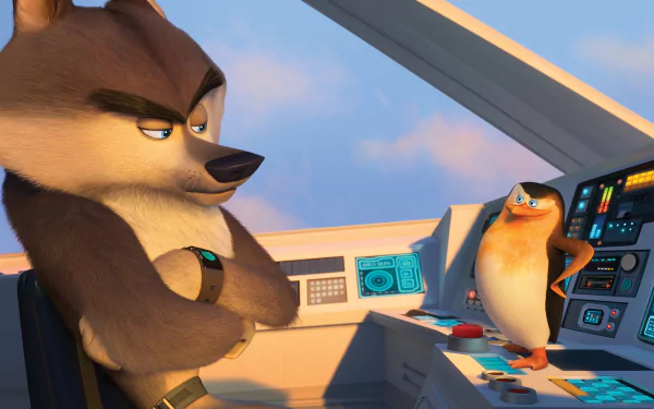 4K Ultra HD PC desktop wallpaper featuring characters from the movie Penguins of Madagascar inside a high-tech control room.