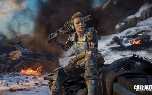 HD desktop wallpaper featuring a character from Call of Duty: Black Ops III, armed and battle-ready. The background showcases a post-apocalyptic battlefield with flames and debris.