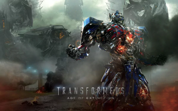 HD wallpaper featuring Optimus Prime from the movie Transformers: Age of Extinction, showcasing the character in a dramatic, battle-worn landscape.
