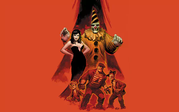 HD PC desktop wallpaper: The Goon (Dark Horse Comics) — a menacing clown looms over a femme fatale and the gritty Goon and his crew against a bold red background.