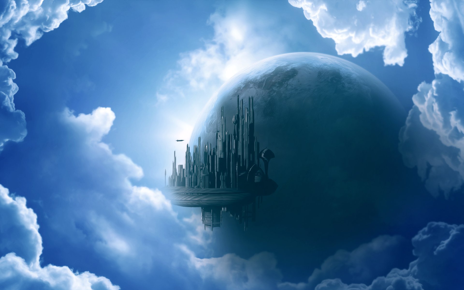 Fantasy city with towering spires floating among clouds against a massive planet backdrop, rendered as a high-definition PC desktop wallpaper.