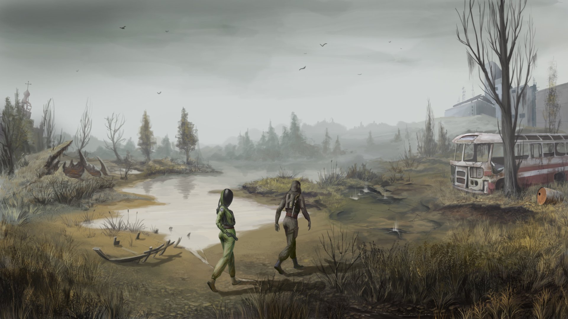 HD PC desktop wallpaper featuring two characters walking through a misty, desolate landscape from the video game S.T.A.L.K.E.R.