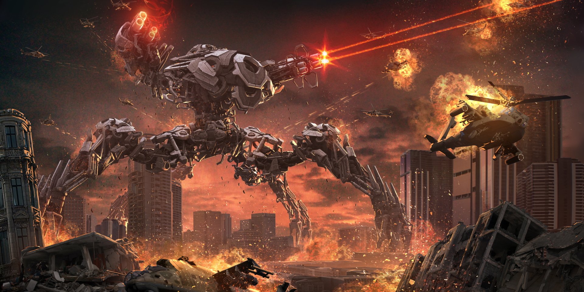 A towering robot unleashes laser beams amidst a fiery sci-fi battle scene, with shattered buildings and explosions, creating a striking HD desktop wallpaper.