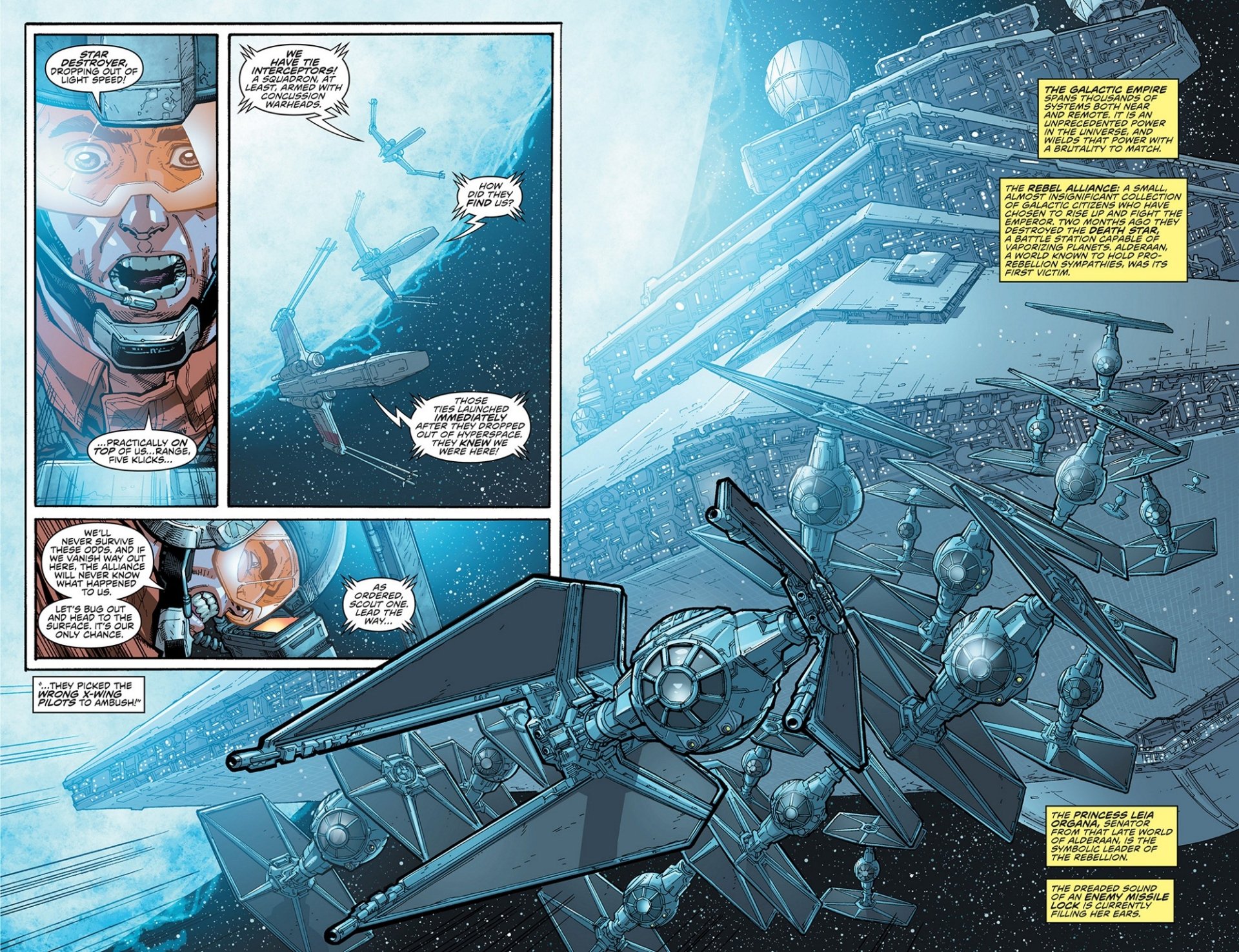 Comic-style Star Wars HD PC desktop wallpaper: icy blue space scene with swarming TIE fighters and a capital ship, overlaid comic panels and speech balloons.
