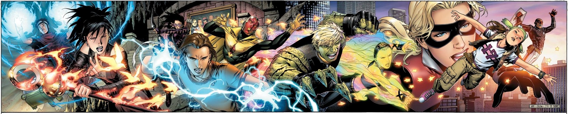A dynamic scene featuring Cassandra Lang, Nico Minoru, Hulkling, Vision, and others from Marvel Comics, engaged in action during a civil war. Vibrant and energetic comic-style artwork.