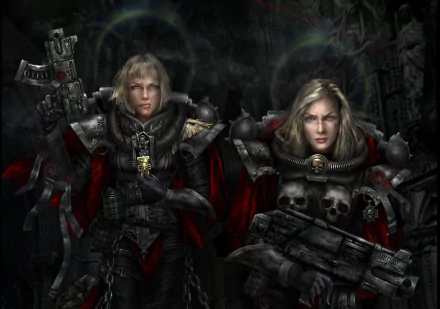 Two fierce Adepta Sororitas, Sisters of Battle from Warhammer, stand ready for battle, clad in ornate armor and wielding powerful weapons against a dark, atmospheric backdrop.