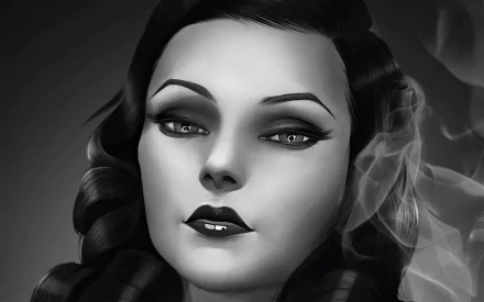 Black-and-white HD PC desktop wallpaper featuring a close-up of a female character from the video game BioShock Infinite: Burial at Sea.