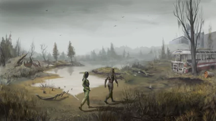 HD PC desktop wallpaper featuring two characters walking through a misty, desolate landscape from the video game S.T.A.L.K.E.R.