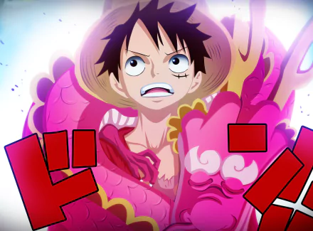 A vibrant HD wallpaper featuring Monkey D. Luffy and Kozuki Momonosuke from the anime One Piece, showcasing dynamic colors and powerful expressions in an action-packed scene.