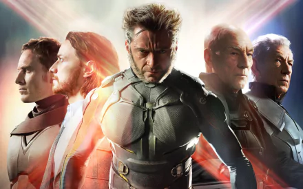 HD desktop wallpaper featuring characters from X-Men: Days of Future Past, including Wolverine (Hugh Jackman), Professor X (Patrick Stewart and James McAvoy), and Magneto (Ian McKellen and Michael Fassbender).