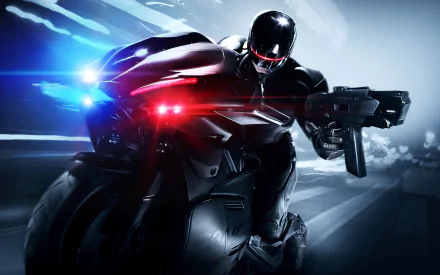 HD wallpaper featuring RoboCop from the 2014 movie, showcasing the character in a dynamic pose on a motorcycle, armed and ready for action with dramatic lighting.