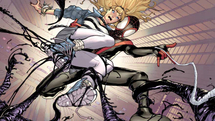 An HD desktop wallpaper featuring Ultimate Spider-Man in action, gripping a character with blonde hair and displaying dynamic comic-style artwork.