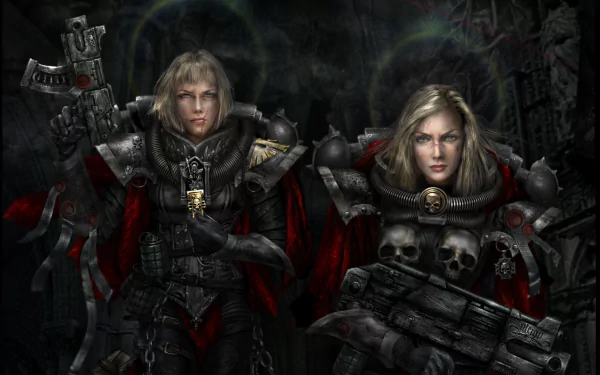 Two fierce Adepta Sororitas, Sisters of Battle from Warhammer, stand ready for battle, clad in ornate armor and wielding powerful weapons against a dark, atmospheric backdrop.