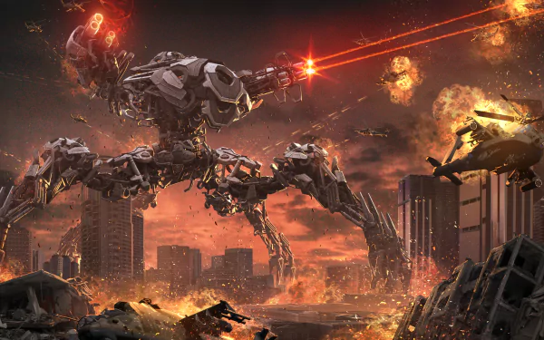 A towering robot unleashes laser beams amidst a fiery sci-fi battle scene, with shattered buildings and explosions, creating a striking HD desktop wallpaper.
