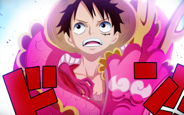 A vibrant HD wallpaper featuring Monkey D. Luffy and Kozuki Momonosuke from the anime One Piece, showcasing dynamic colors and powerful expressions in an action-packed scene.