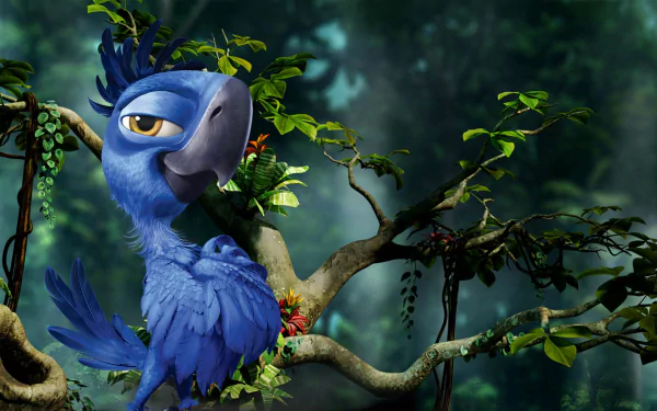 Blu, a blue macaw from the movie Rio 2, perched on a rainforest branch—HD PC desktop wallpaper/background.