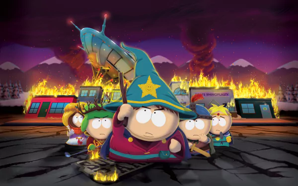 A dynamic HD wallpaper featuring Butters Stotch, Stan Marsh, Eric Cartman, Kyle Broflovski, and Kenny McCormick from the video game South Park: The Stick of Truth against a fiery backdrop.