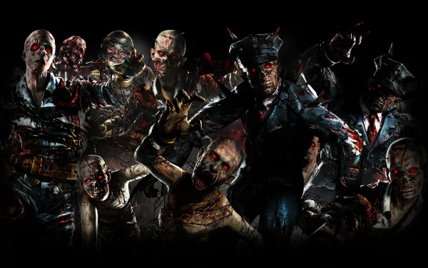 A striking HD wallpaper from Call of Duty: Black Ops II, showcasing a haunting group of zombie characters with glowing red eyes against a dark background.