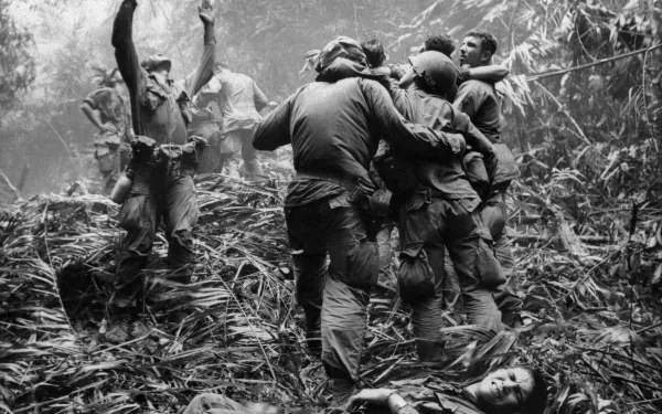 Black-and-white Vietnam War military scene: soldiers carrying a comrade through dense jungle, another person lying in the foreground — HD PC desktop wallpaper and background.