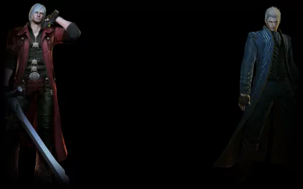 A captivating HD wallpaper from Devil May Cry 4 featuring two iconic characters, one in red with a sword and the other in a blue coat, set against a dark background.