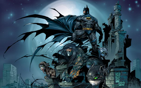 HD PC desktop wallpaper featuring Batman and dark comic-themed characters from The Darkness, set against a dramatic night cityscape backdrop.