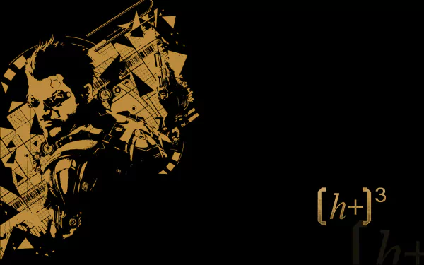 HD PC desktop wallpaper for Deus Ex: Human Revolution - Director's Cut: gold-and-black stylized portrait of an augmented character at left with geometric shapes and [h+]³ logo on the right.