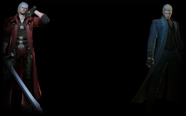 A captivating HD wallpaper from Devil May Cry 4 featuring two iconic characters, one in red with a sword and the other in a blue coat, set against a dark background.