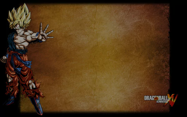 HD PC desktop wallpaper featuring a Super Saiyan character from the video game Dragon Ball Xenoverse against a textured brown background.