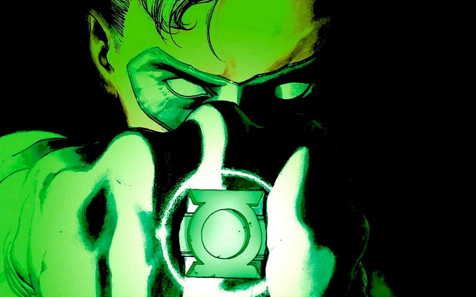 A striking HD wallpaper featuring Hal Jordan, the Green Lantern from DC Comics, showcasing his powerful stance and iconic ring against a vibrant green background.