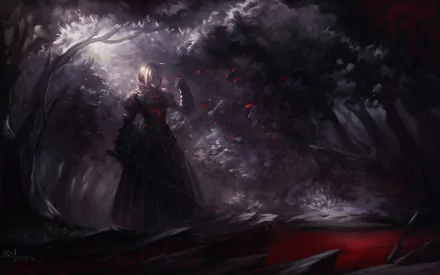 HD desktop wallpaper featuring Saber Alter from Fate/Stay Night. The blonde, short-haired warrior holds a sword in a dark, mystical forest. Her figure emerges from the shadows, creating a striking anime scene.