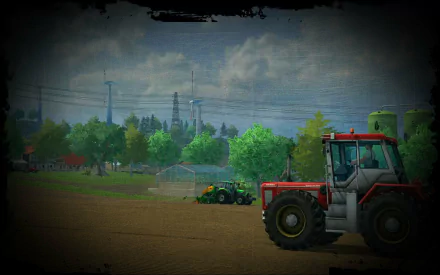 HD PC desktop wallpaper of the video game Farming Simulator 2013: red tractor in the foreground, green tractor working the field, rows of trees and an industrial skyline beneath a cloudy sky.
