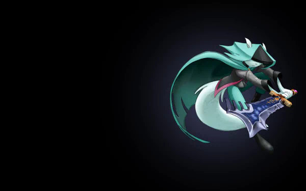 HD PC desktop wallpaper of Dust from the video game Dust: An Elysian Tail — cloaked, fox-like warrior mid-leap with flowing tail and ornate sword on a dark background.