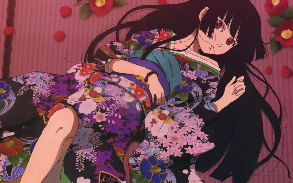 Anime-style 4K Ultra HD PC wallpaper featuring Jigoku Shōjo in a detailed floral kimono with long black hair, lying among red flowers and petals.
