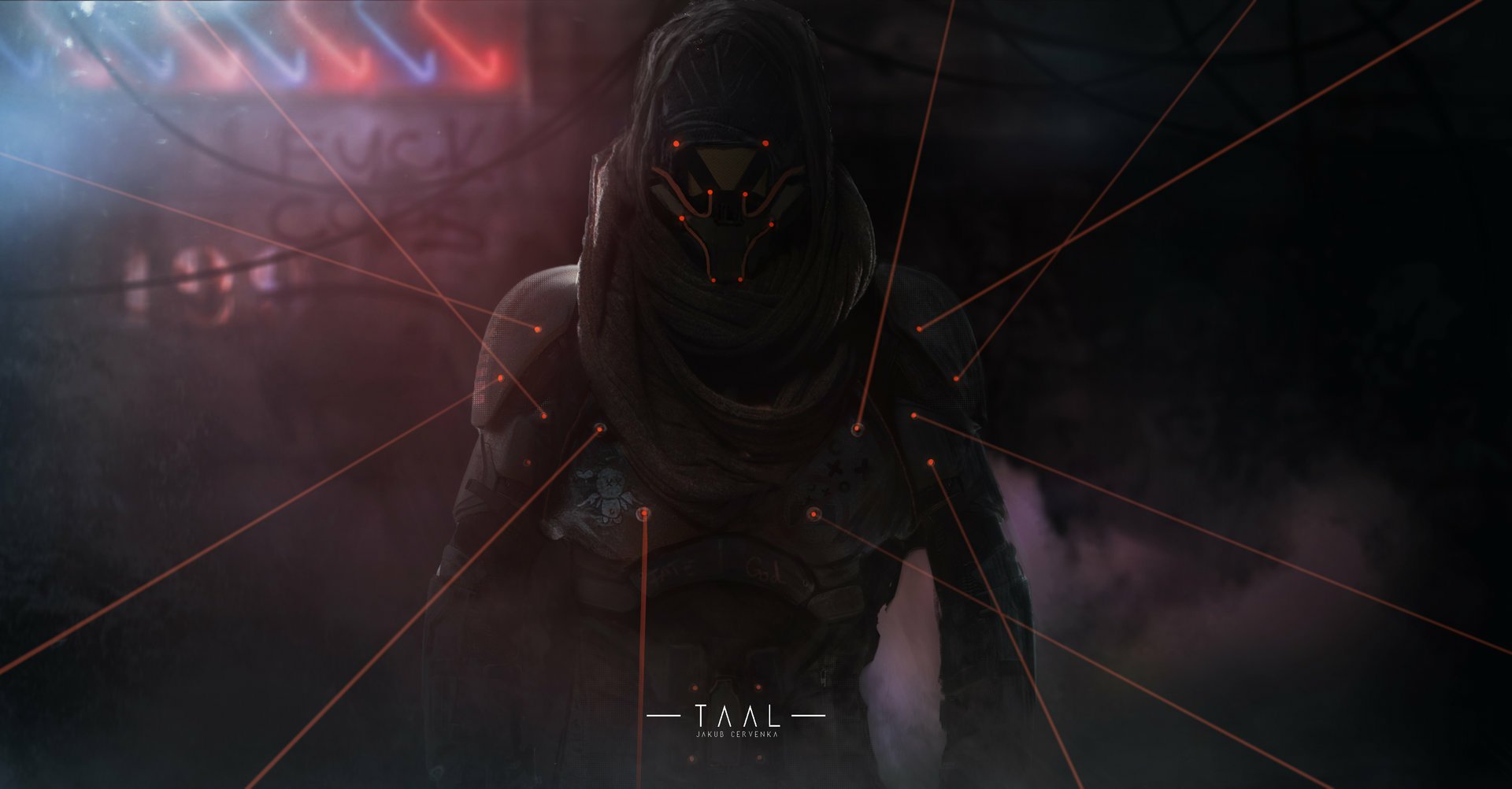 A dark, sci-fi warrior shrouded in shadow with glowing red eyes, set against a misty, futuristic backdrop, captured in HD for a striking PC desktop wallpaper.