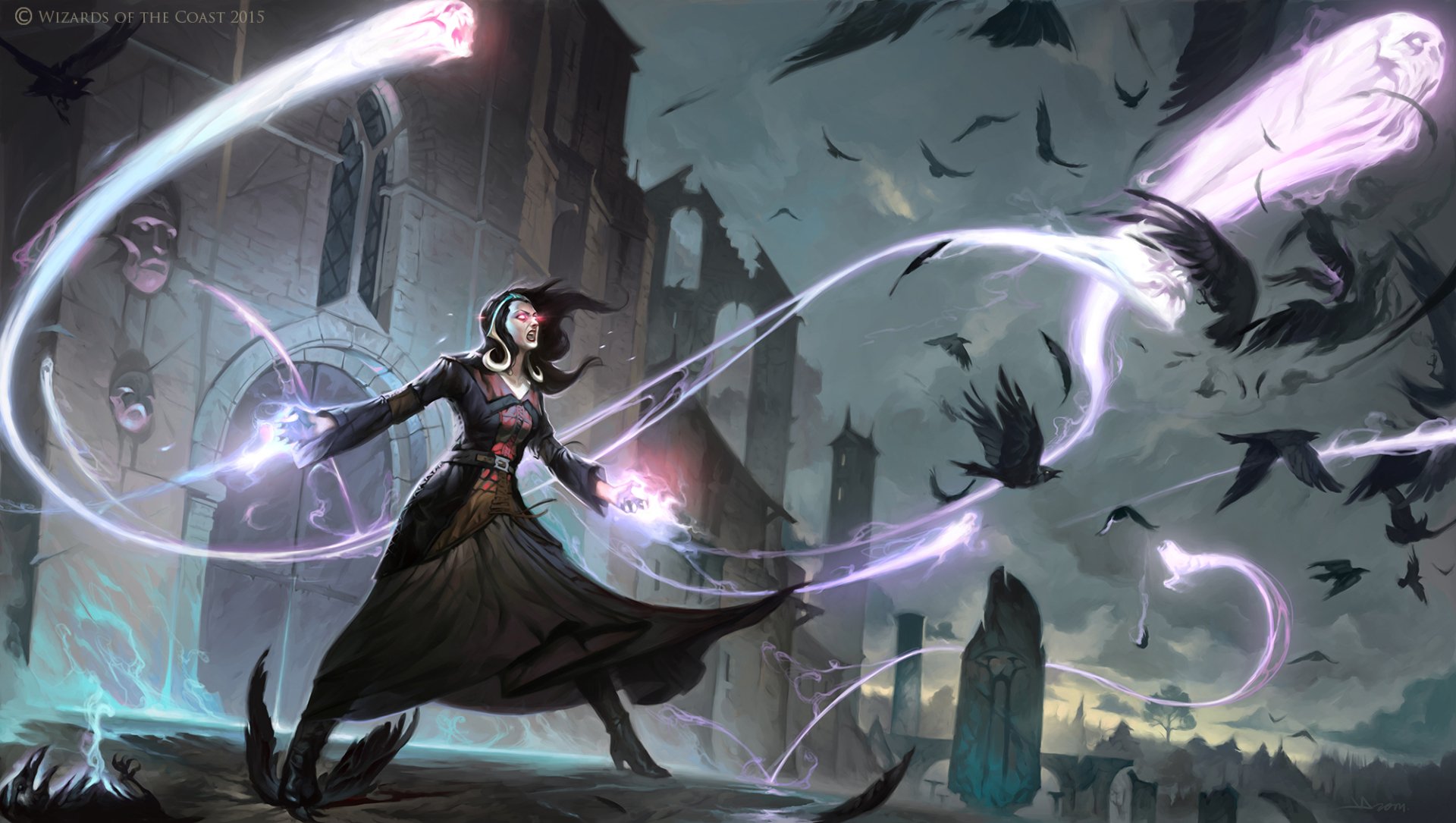A dynamic scene from Magic: The Gathering, featuring a powerful figure casting spells amidst swirling energy and dark birds, set against a dramatic, mystical background.