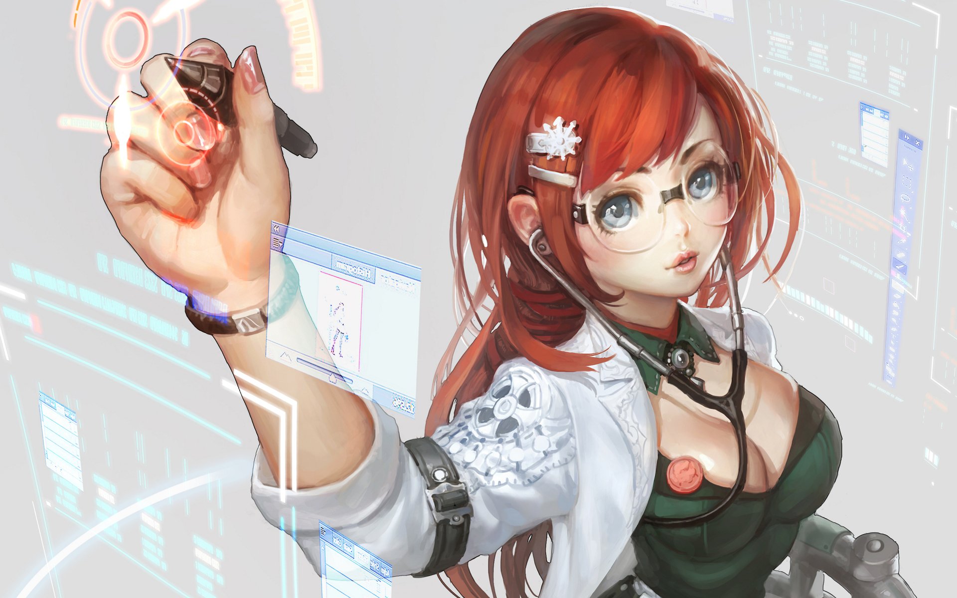 HD fantasy desktop wallpaper featuring a confident red-haired woman with glasses, wearing a futuristic lab coat, interacting with holographic interfaces.