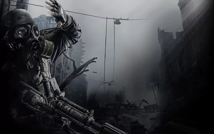 Metro 2033 Redux video game HD PC desktop wallpaper and background: gas‑masked survivor clutching a rifle in a fog‑shrouded, ruined cityscape under dangling streetlights.