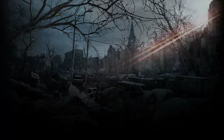 HD desktop wallpaper featuring a dark, post-apocalyptic cityscape from the video game Metro 2033 Redux, with ruined buildings and barren trees under a dim sky.