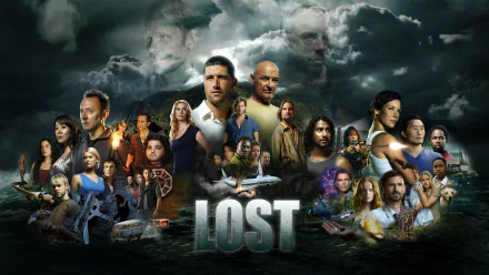 HD PC desktop wallpaper featuring the ensemble cast of the TV show Lost with a stormy, mysterious backdrop and the show's logo prominently displayed.