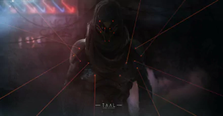 A dark, sci-fi warrior shrouded in shadow with glowing red eyes, set against a misty, futuristic backdrop, captured in HD for a striking PC desktop wallpaper.