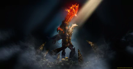 Fantasy woman warrior raising a flaming greatsword amid mist and skulls under a dramatic beam of light — 2K Quad HD PC desktop wallpaper/background.