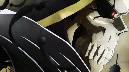 Ainz Ooal Gown from the anime Overlord, depicted in a dramatic close-up. This HD wallpaper features the character's skeletal face and black, gold-accented cloak.