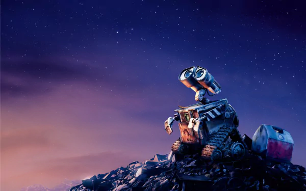 A vibrant HD desktop wallpaper featuring Wall·E, the charming robot, perched on a mountain of debris under a starry sky, embodying the blend of adventure and nostalgia from the movie.