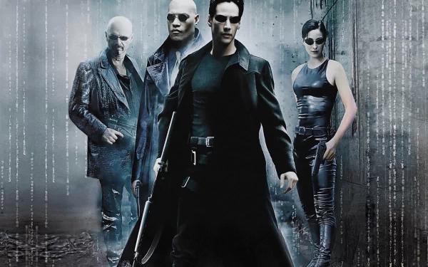 HD desktop wallpaper featuring Neo (Keanu Reeves), Carrie-Anne Moss, and Laurence Fishburne from the movie The Matrix, standing against a backdrop of digital rain.