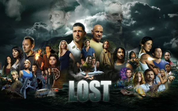 HD PC desktop wallpaper featuring the ensemble cast of the TV show Lost with a stormy, mysterious backdrop and the show's logo prominently displayed.