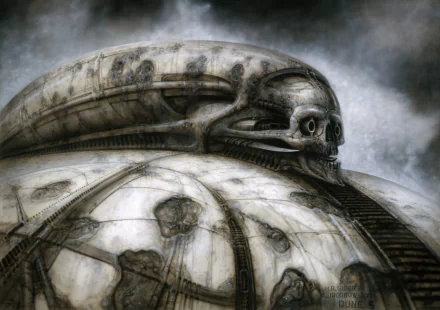 HD PC desktop wallpaper featuring a dark, biomechanical structure with skull motifs from the movie Jodorowsky's Dune.