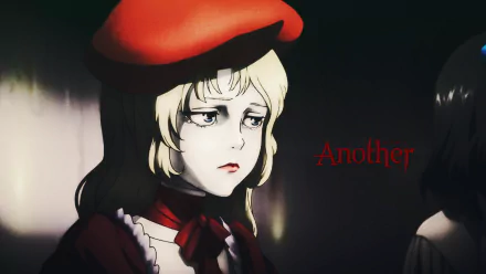 HD anime desktop wallpaper featuring a doll-like character from Another wearing a red beret and ribbon, set against a dark, moody background.
