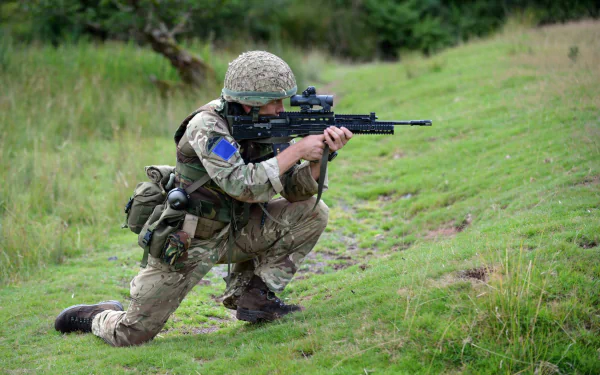 HD desktop wallpaper of a soldier in full military gear aiming a rifle while kneeling on grassy terrain.